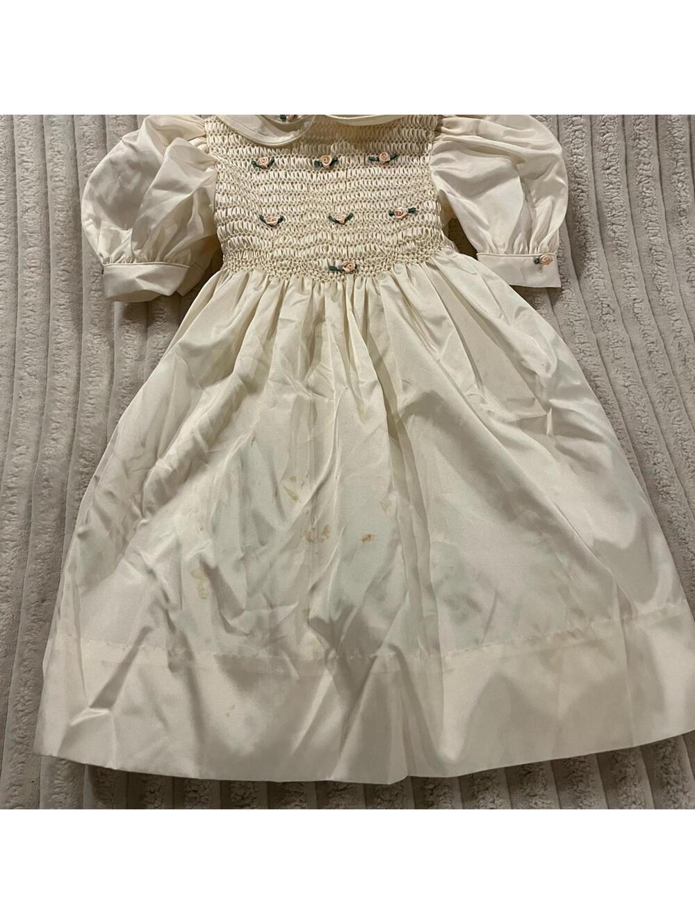 Vintage Flinders Charming Cream Dress with Smocked Bodice Girls Size 4T